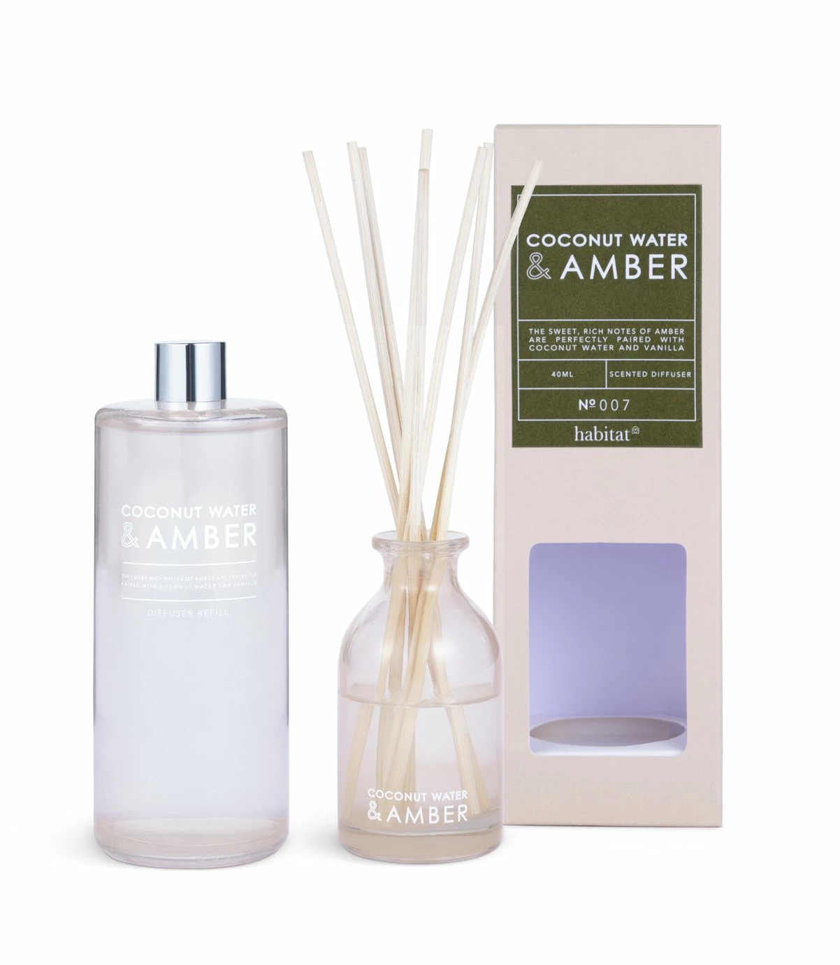 Habitat 90ml Diffuser & 180ml Refill - Coconut Water & Amber 1 Habitat 90ml Diffuser & 180ml Refill - Coconut Water & Amber