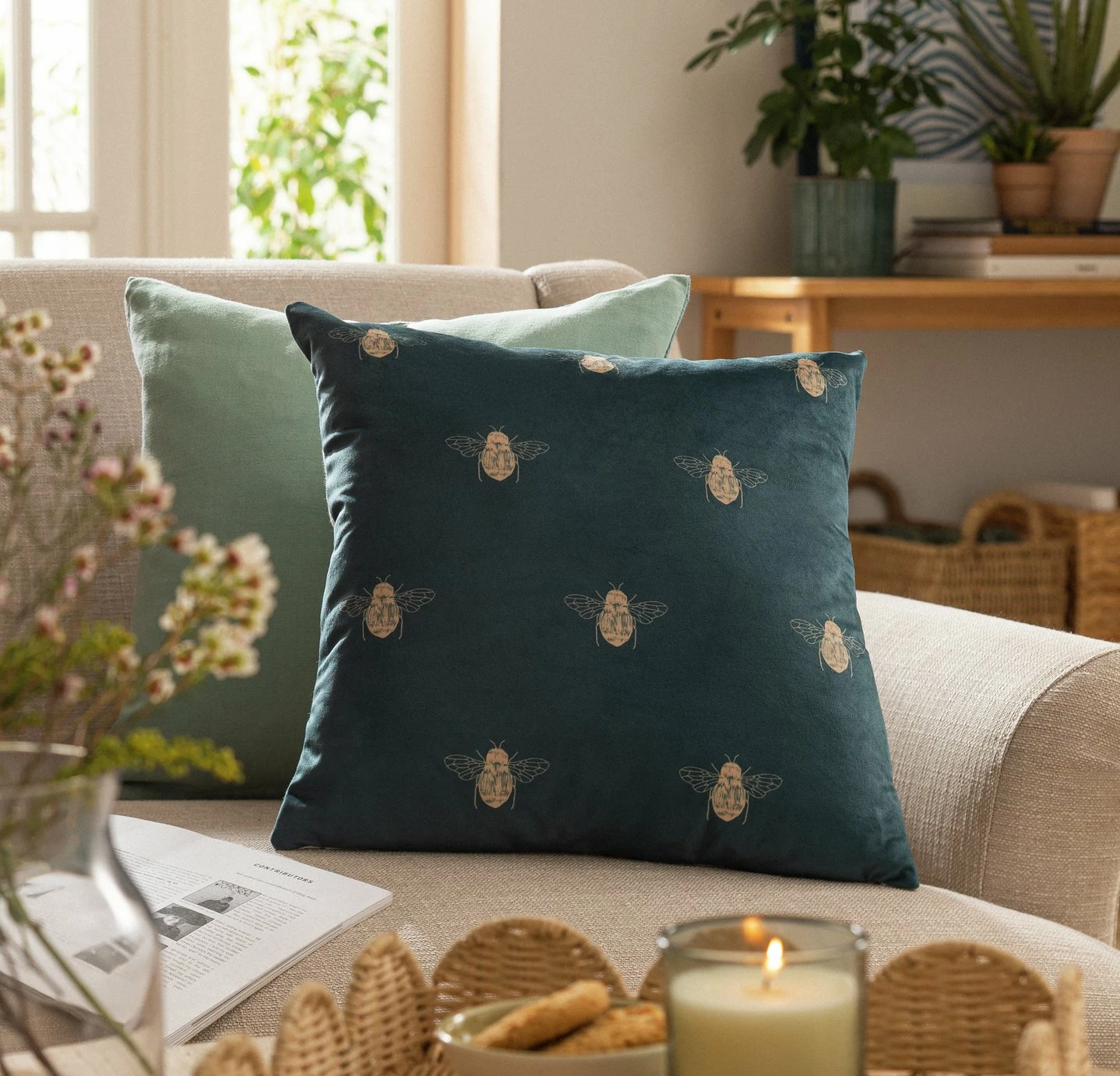 Habitat Gold Bee Printed Cushion - Teal - 43x43cm 2 Habitat Gold Bee Printed Cushion - Teal - 43x43cm - Image 2
