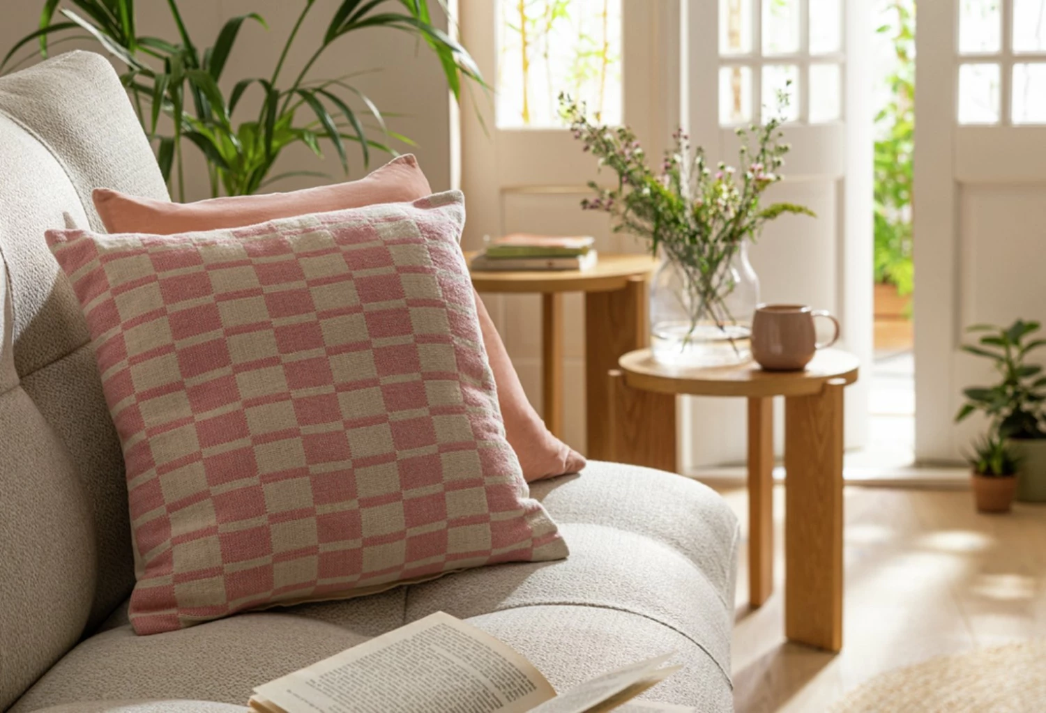 Habitat Checker Board Cushion - White & Pink - 43x43cm 2 Habitat Checker Board Cushion - White & Pink - 43x43cm - Image 2