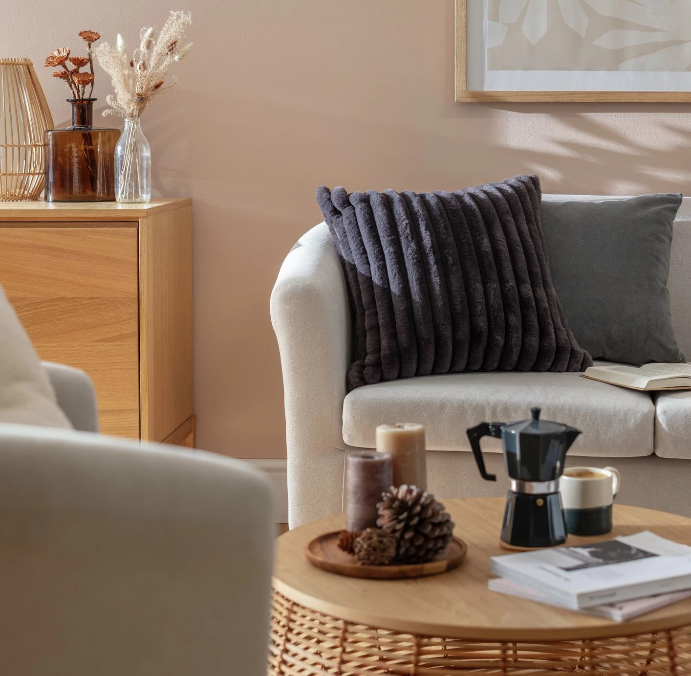 Habitat Ribbed Faux Fur Cushion - Charcoal - 50X50cm 2 Habitat Ribbed Faux Fur Cushion - Charcoal - 50X50cm - Image 2